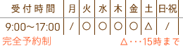 【月～金】9:00～18:00　【火・木】9:00～120:00　【水・土】9:00～15:00　【定休日】日・祝